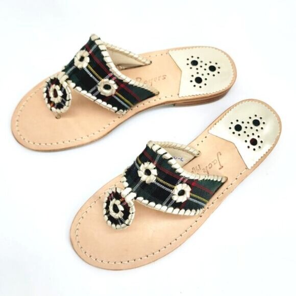 Jack Rogers Shoes - Jack Rogers 1960 Handmade Leather Green Tartan Gold Trim Plaid Flat Sandals, 9M